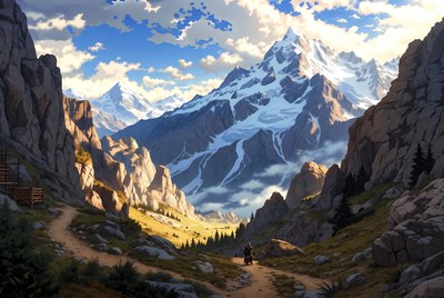 Lone Traveler in Snowy Mountain Pass