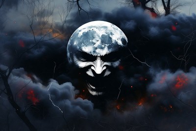 Grimacing Moon Face in Dark Forest