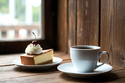 Cheesecake and Coffee on Wooden Table