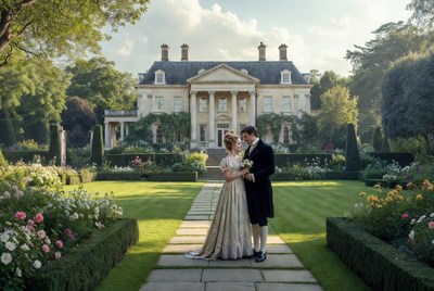 Regency couple outside grand mansion