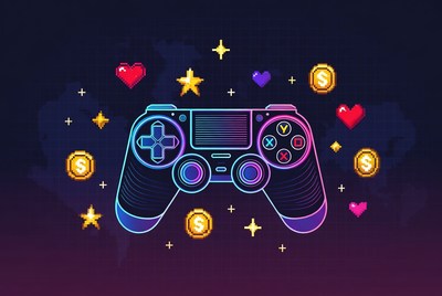 Neon Gaming Controller with Hearts and Coins