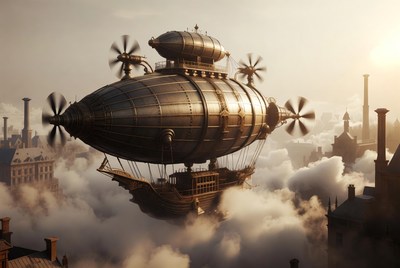 Steampunk Airship Flying Over City