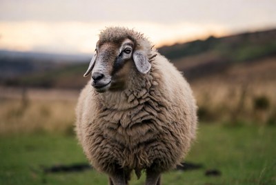 Fluffy sheep standing in grassy field