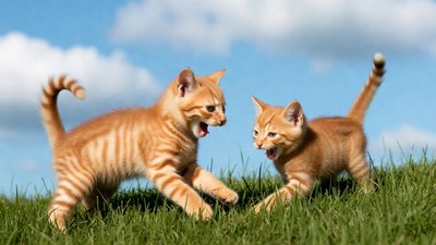 Two orange kittens playing on grass
