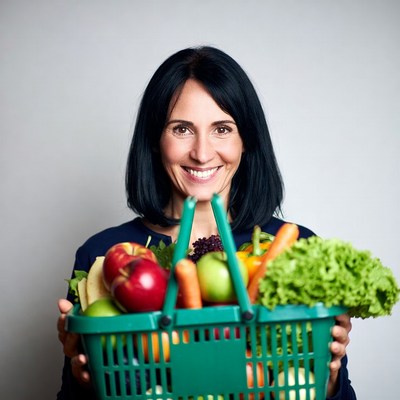 Woman holding basket of vegetables