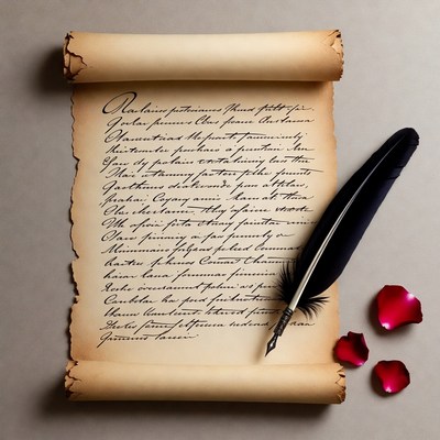 Ancient Scroll with Quill and Rose Petals