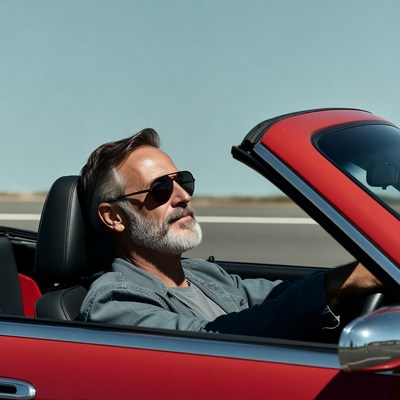 Man driving red convertible sunglasses