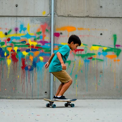 Asian boy skateboarding near graffiti wall