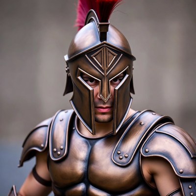 Man in Roman Gladiator Helmet