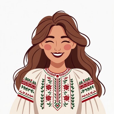 Smiling woman in embroidered blouse