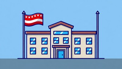 School Building with American Flag