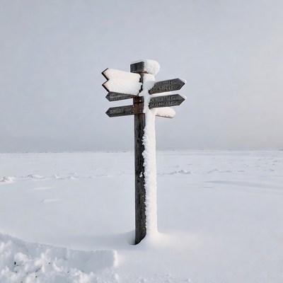 Snowy Wooden Signpost in Snowy Landscape