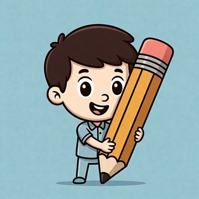Cartoon boy holding giant pencil