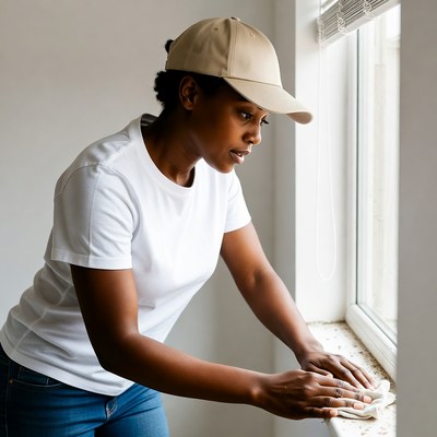 African-American woman cleaning window