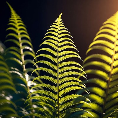 Green Fern Leaves on Black Background