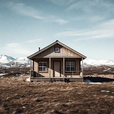 Wooden cabin in snowy mountains