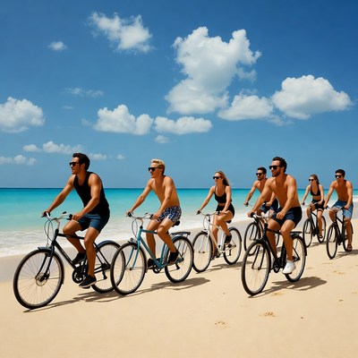 Group cycling on beach