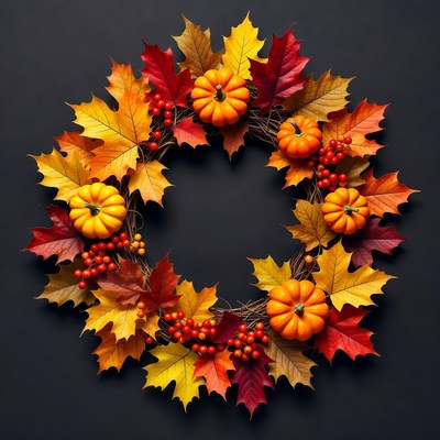 Autumn Wreath with Pumpkins and Leaves