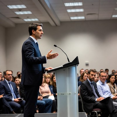Man speaking at podium conference