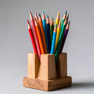 Colorful Pencils in Wooden Holder