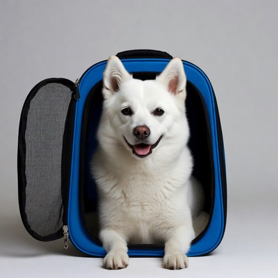 White Samoyed in blue pet carrier