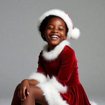 African-American girl in Santa dress smiling