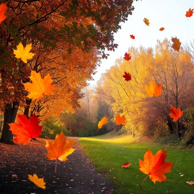 Autumn Path with Falling Orange Leaves