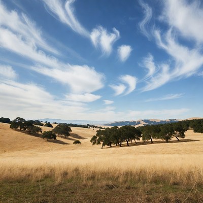 Golden hills with oak trees