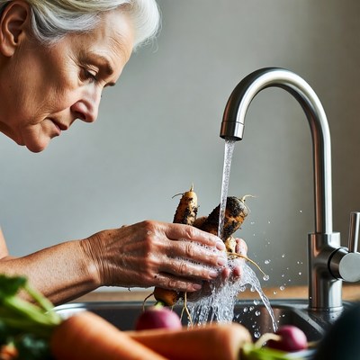 Elderly woman washing carrots