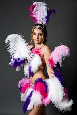 Woman in pink feather carnival costume
