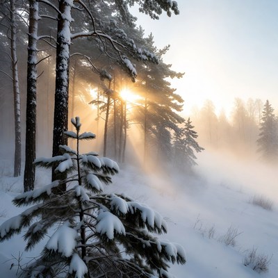 Snowy Pine Forest with Sun Rays