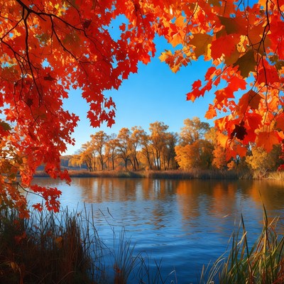Autumn Trees Framing Calm Lake