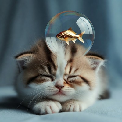 Sleeping kitten with goldfish bubble