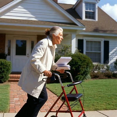 Elderly woman walker papers house