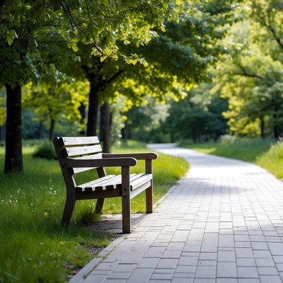 Wooden bench by park path