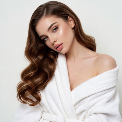 Beautiful woman in white bathrobe