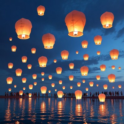 Sky Lantern Festival Over Lake