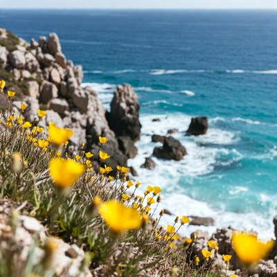 Yellow flowers on coastal cliffs
