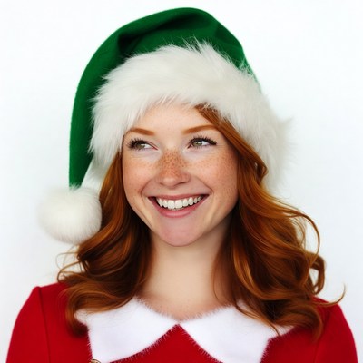 Redhead woman in green Santa hat