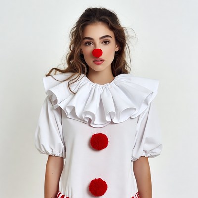 Woman in clown costume with red nose