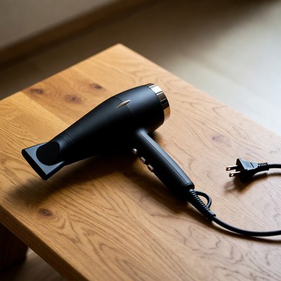 Black hair dryer on wooden table