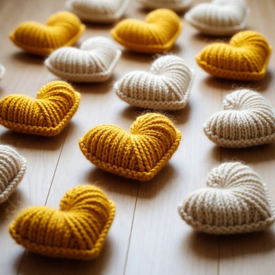 Yellow and White Knitted Heart Pillows