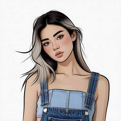Asian girl in denim overalls