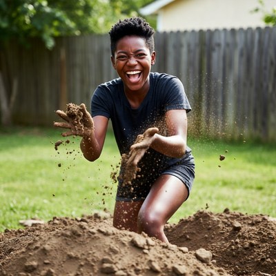 African-American girl playing in dirt pile
