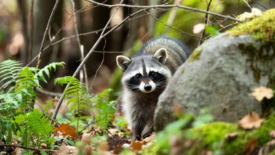 Raccoon in Forest Near Rock
