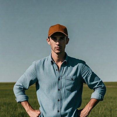 Man in blue shirt standing in field