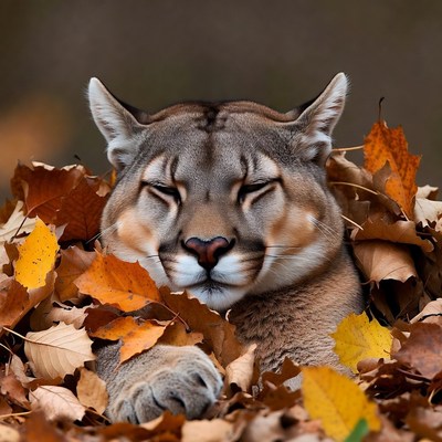 Cougar resting in autumn leaves