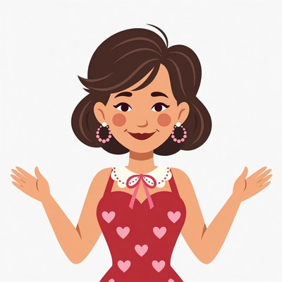 Smiling woman in heart dress with arms outstretched