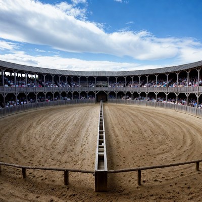 Crowded Bullring Arena Under Blue Sky
