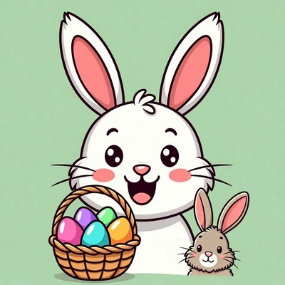 Cute bunny holding Easter eggs basket